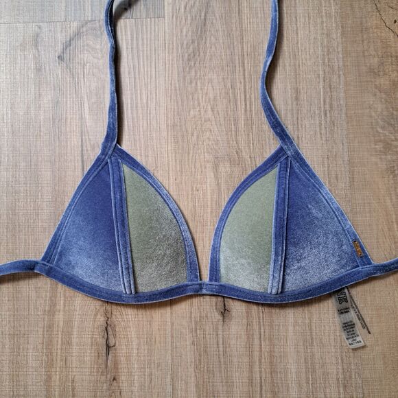 Victoria's Secret Pink Size S Bikini Top Blue Suede Color Block Cute - Picture 2 of 7
